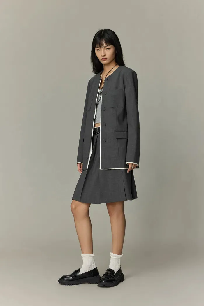 Silhouette Contrast Collarless Blazer in Fine Wool Blend