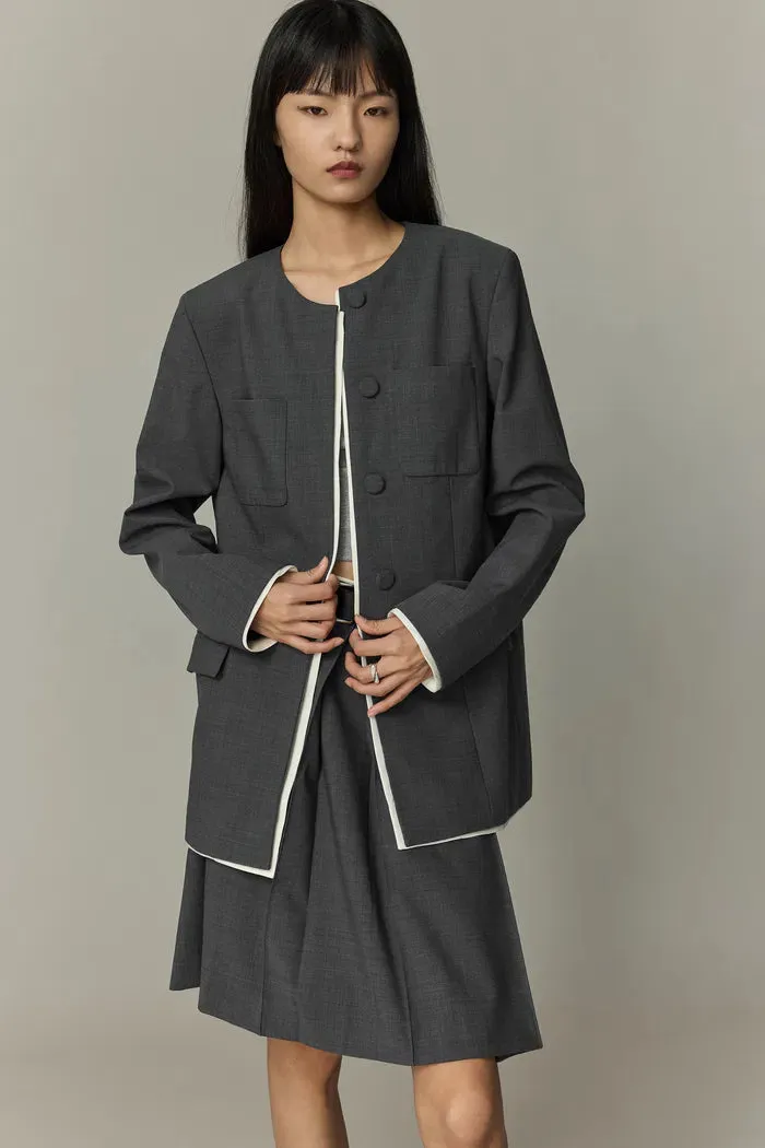 Silhouette Contrast Collarless Blazer in Fine Wool Blend