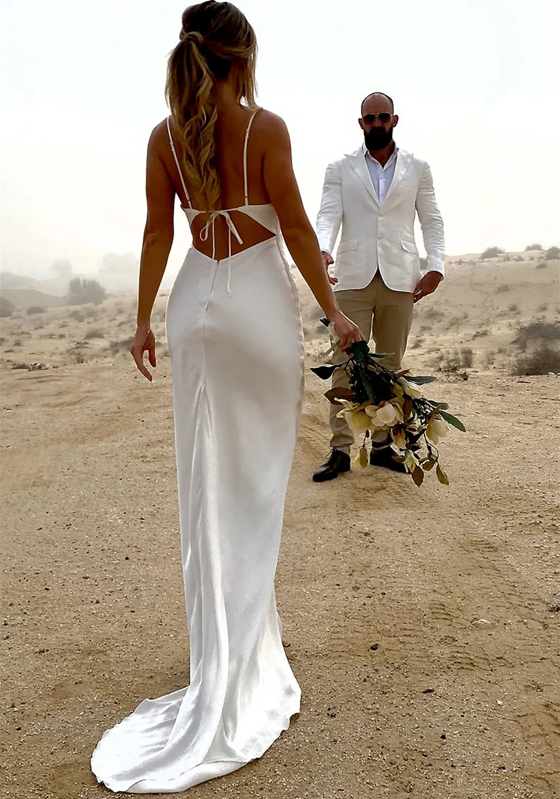 Spaghetti Long Sheath Ivory Wedding Dresses, Simple Long Wedding Dresses, Chic Wedding Dresses