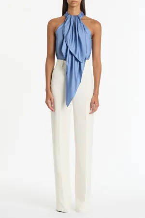 STEEL BLUE SILK TWILL RUFFLE HALTER TOP