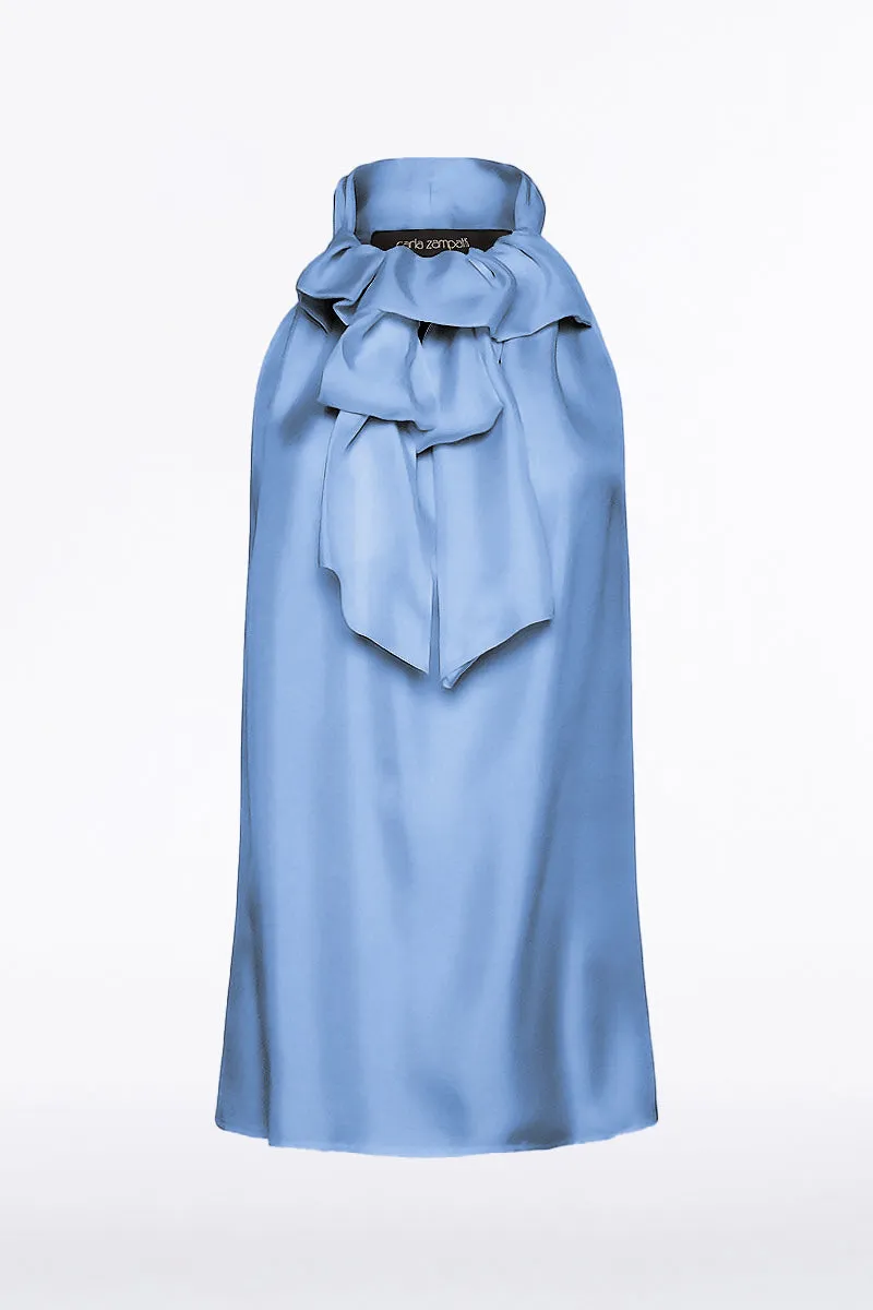 STEEL BLUE SILK TWILL RUFFLE HALTER TOP