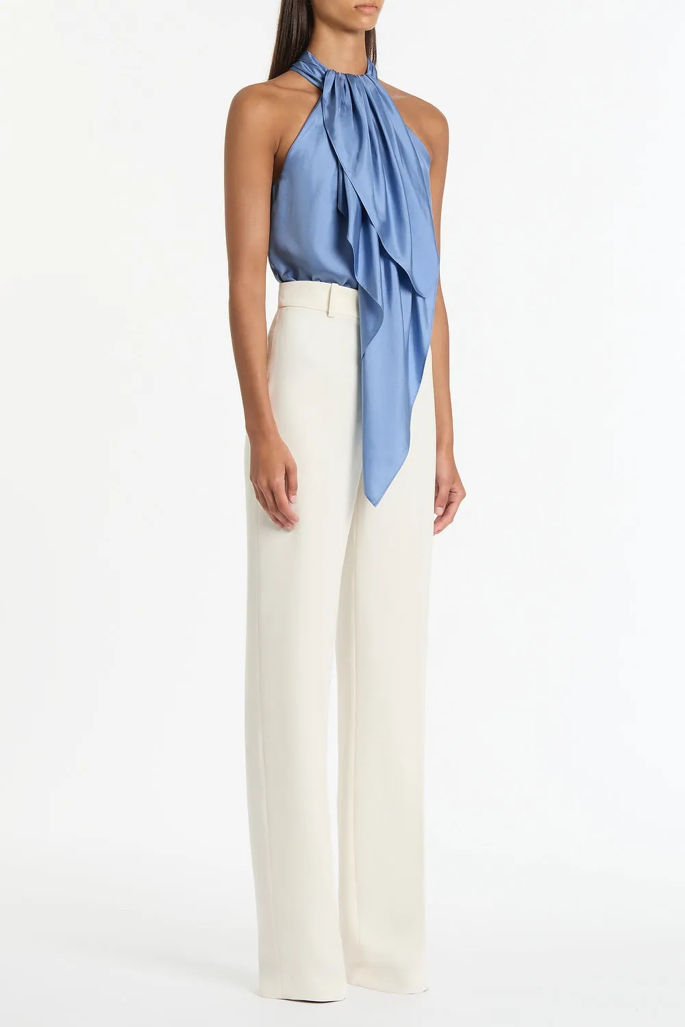 STEEL BLUE SILK TWILL RUFFLE HALTER TOP