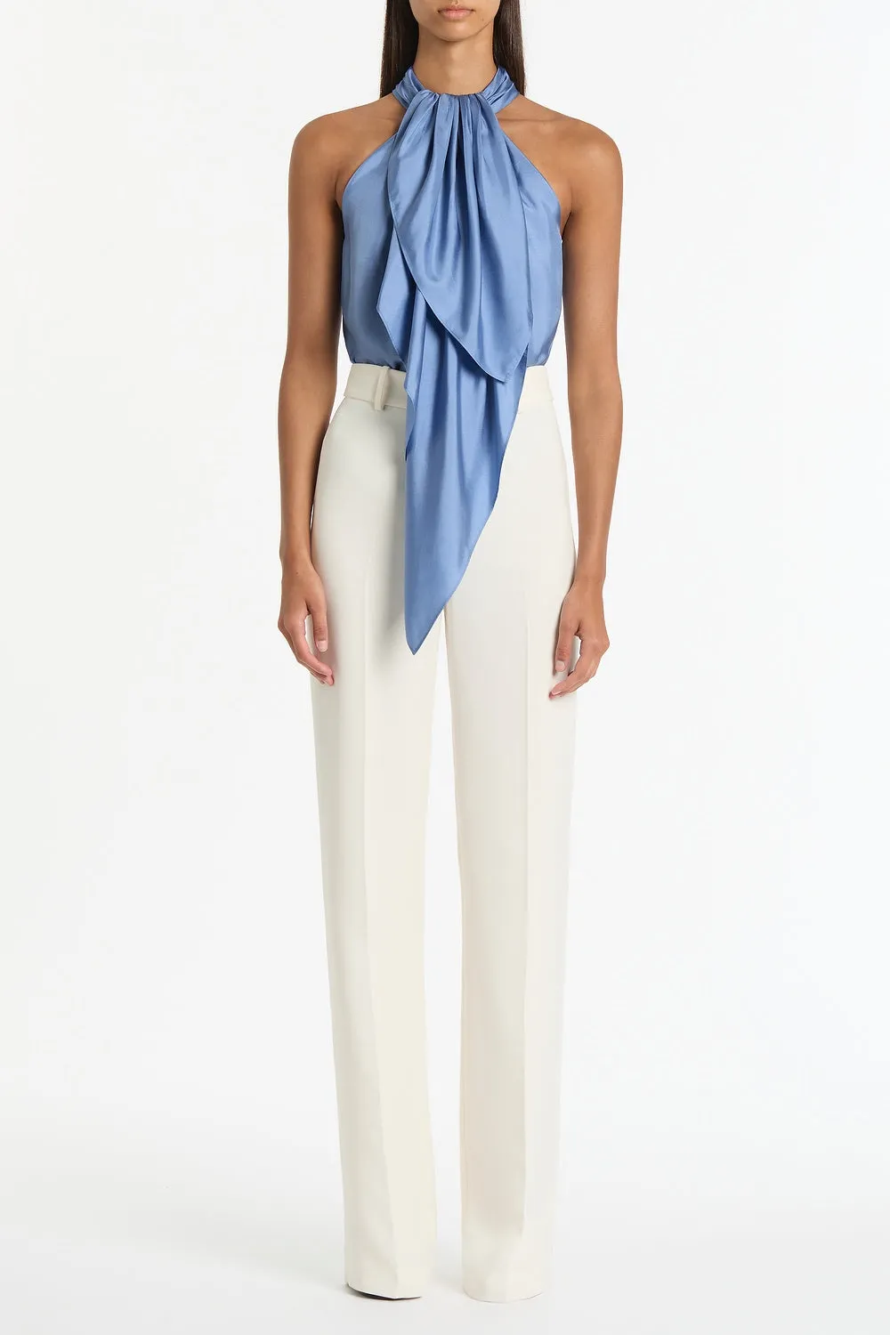 STEEL BLUE SILK TWILL RUFFLE HALTER TOP