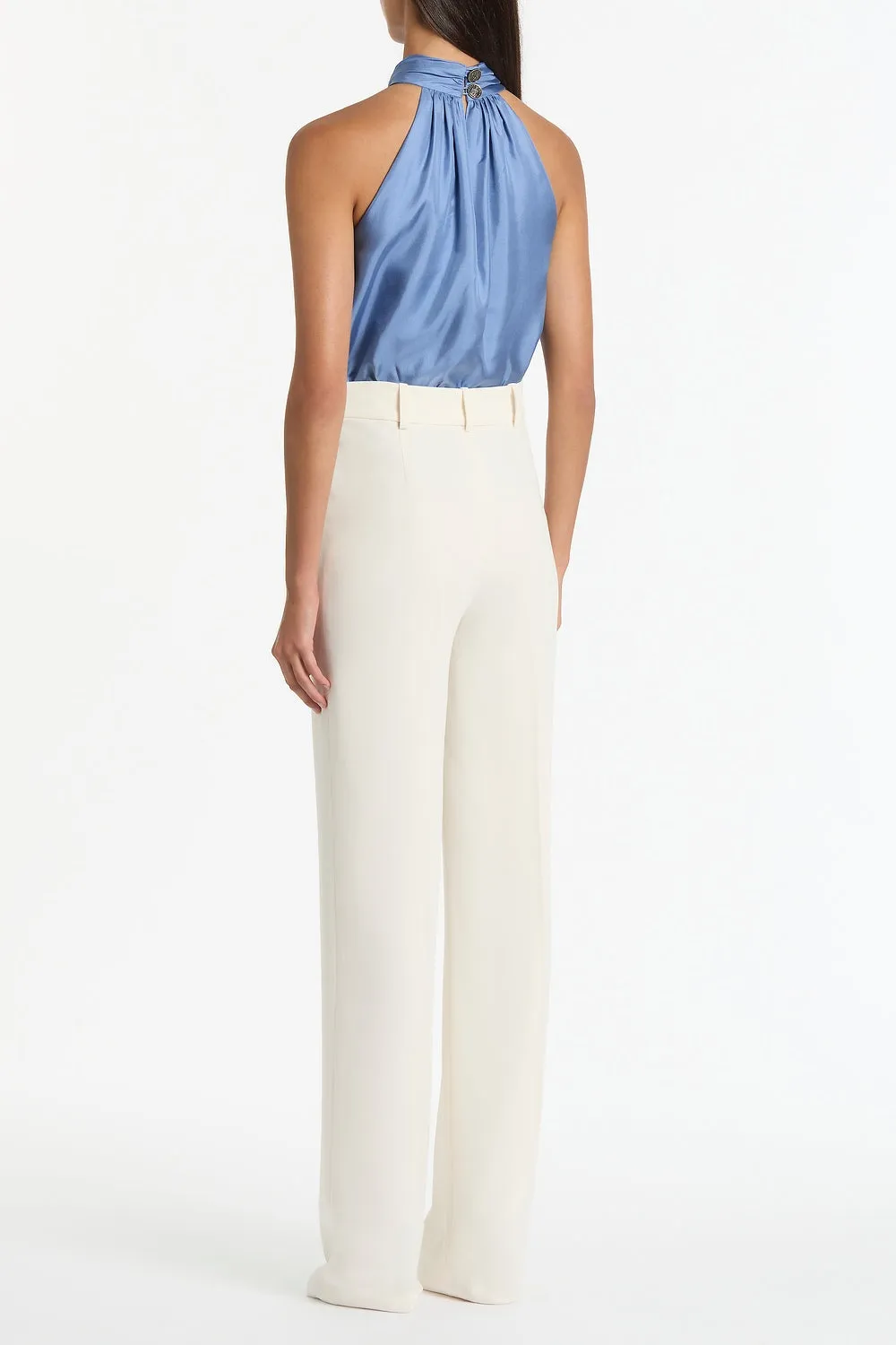 STEEL BLUE SILK TWILL RUFFLE HALTER TOP