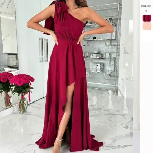 Summer Chic One-Shoulder Front Slit Commute Dress
