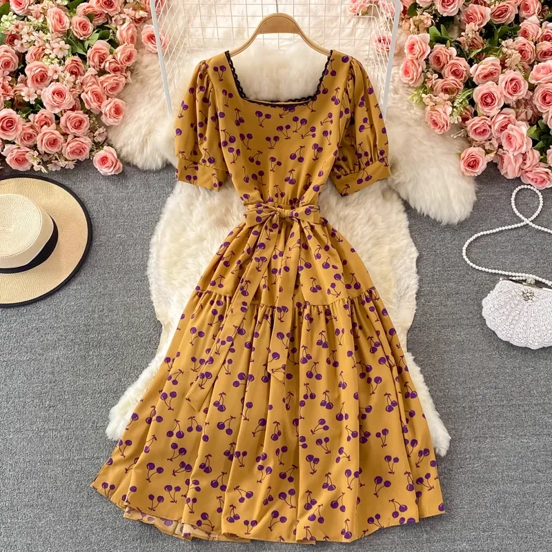 Summer Chic Sweet Skirt Square Collar Lace Floral Dress 1384