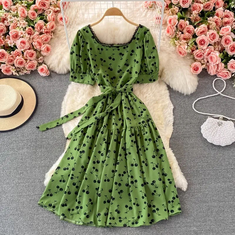 Summer Chic Sweet Skirt Square Collar Lace Floral Dress 1384
