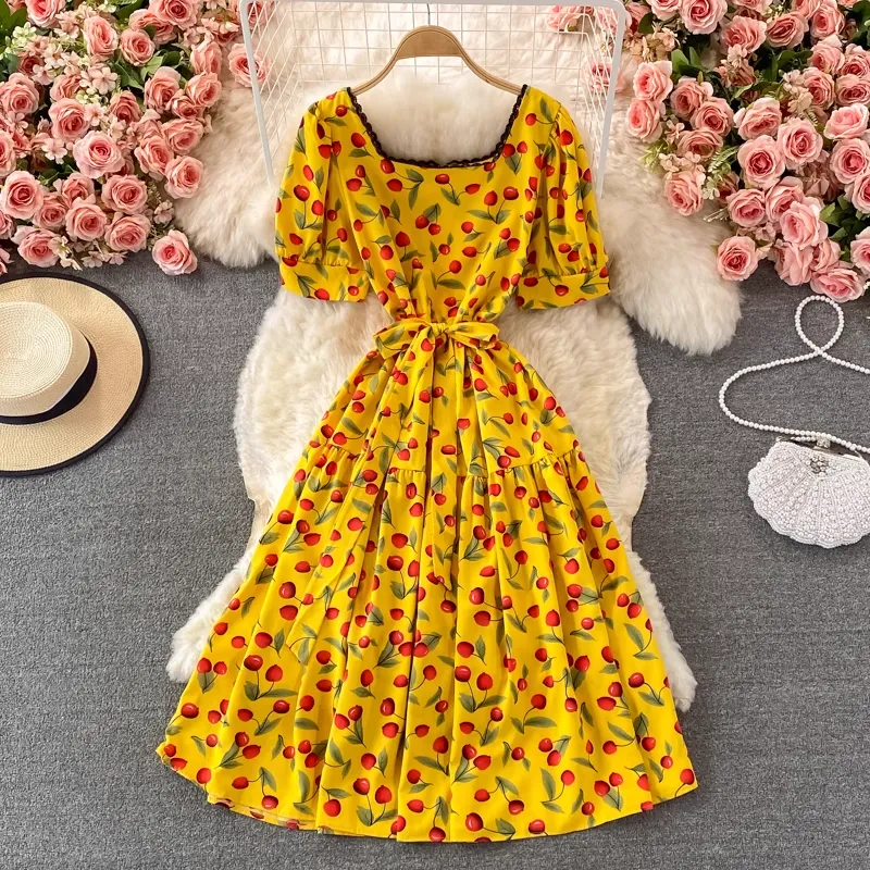 Summer Chic Sweet Skirt Square Collar Lace Floral Dress 1384
