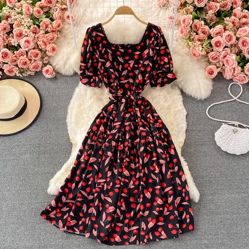 Summer Chic Sweet Skirt Square Collar Lace Floral Dress 1384