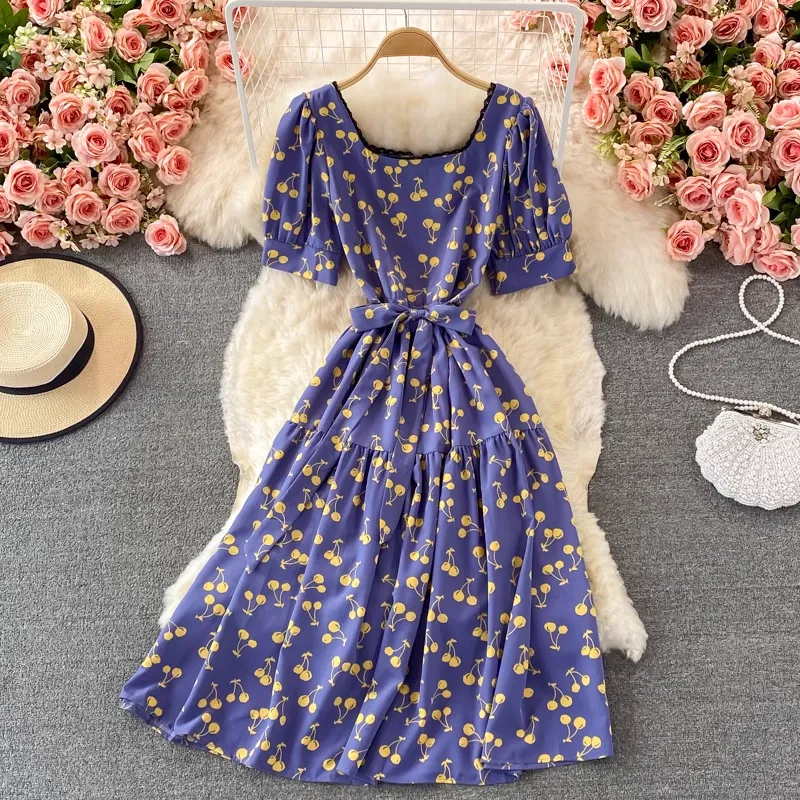 Summer Chic Sweet Skirt Square Collar Lace Floral Dress 1384
