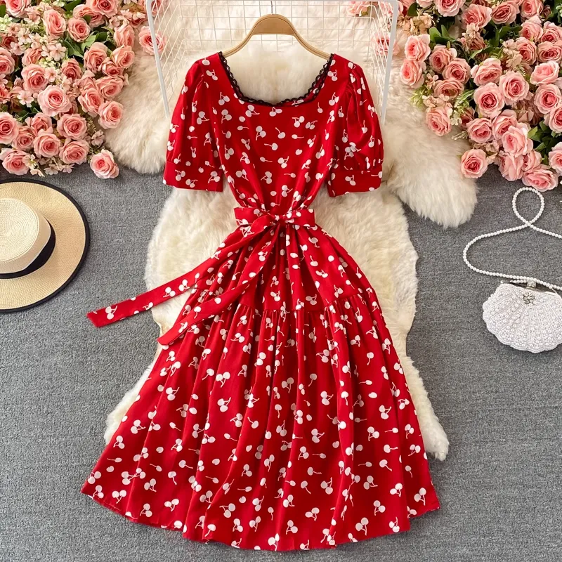Summer Chic Sweet Skirt Square Collar Lace Floral Dress 1384