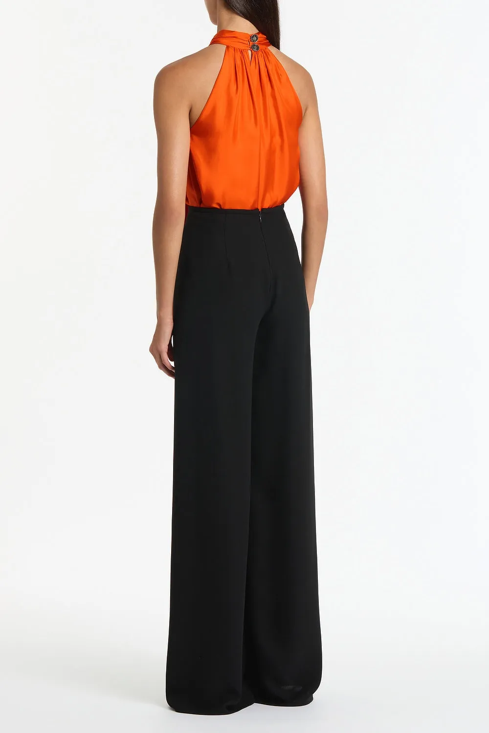 TANGERINE SILK TWILL RUFFLE HALTER TOP