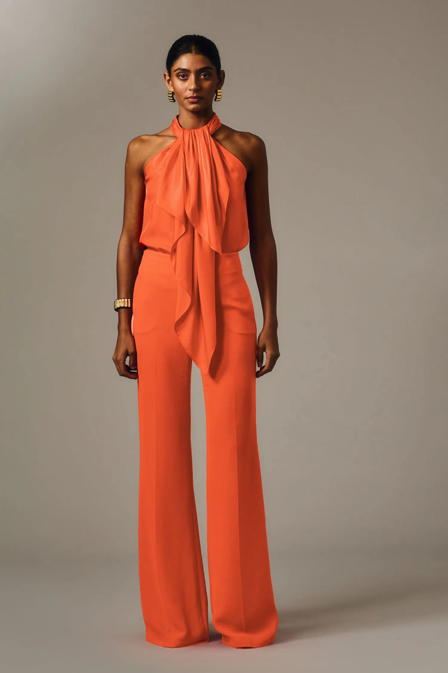 TANGERINE SILK TWILL RUFFLE HALTER TOP
