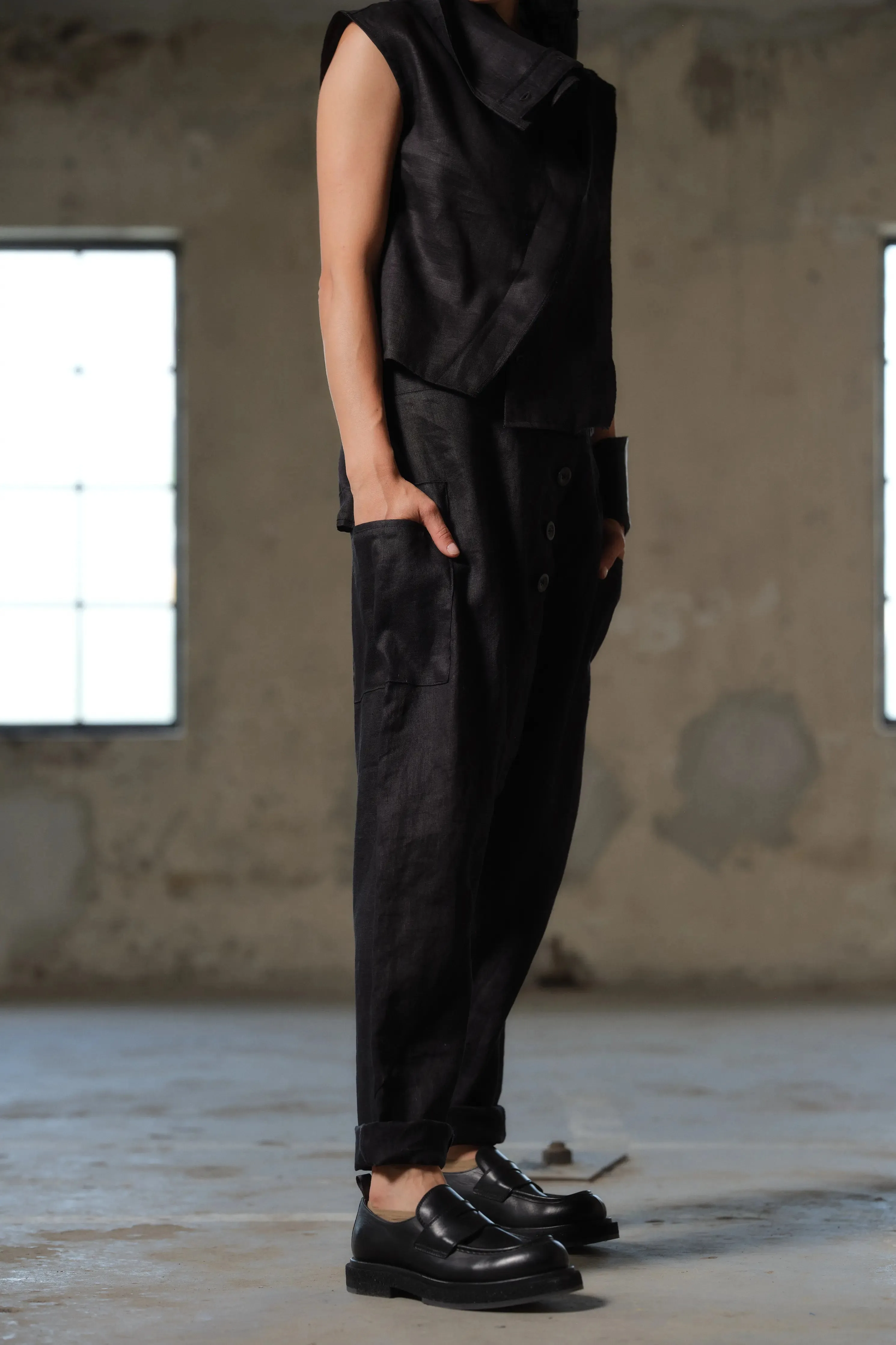 Unique Buttoned Low-Crotch Linen Pants Women - Embrace Avant-Garde Design