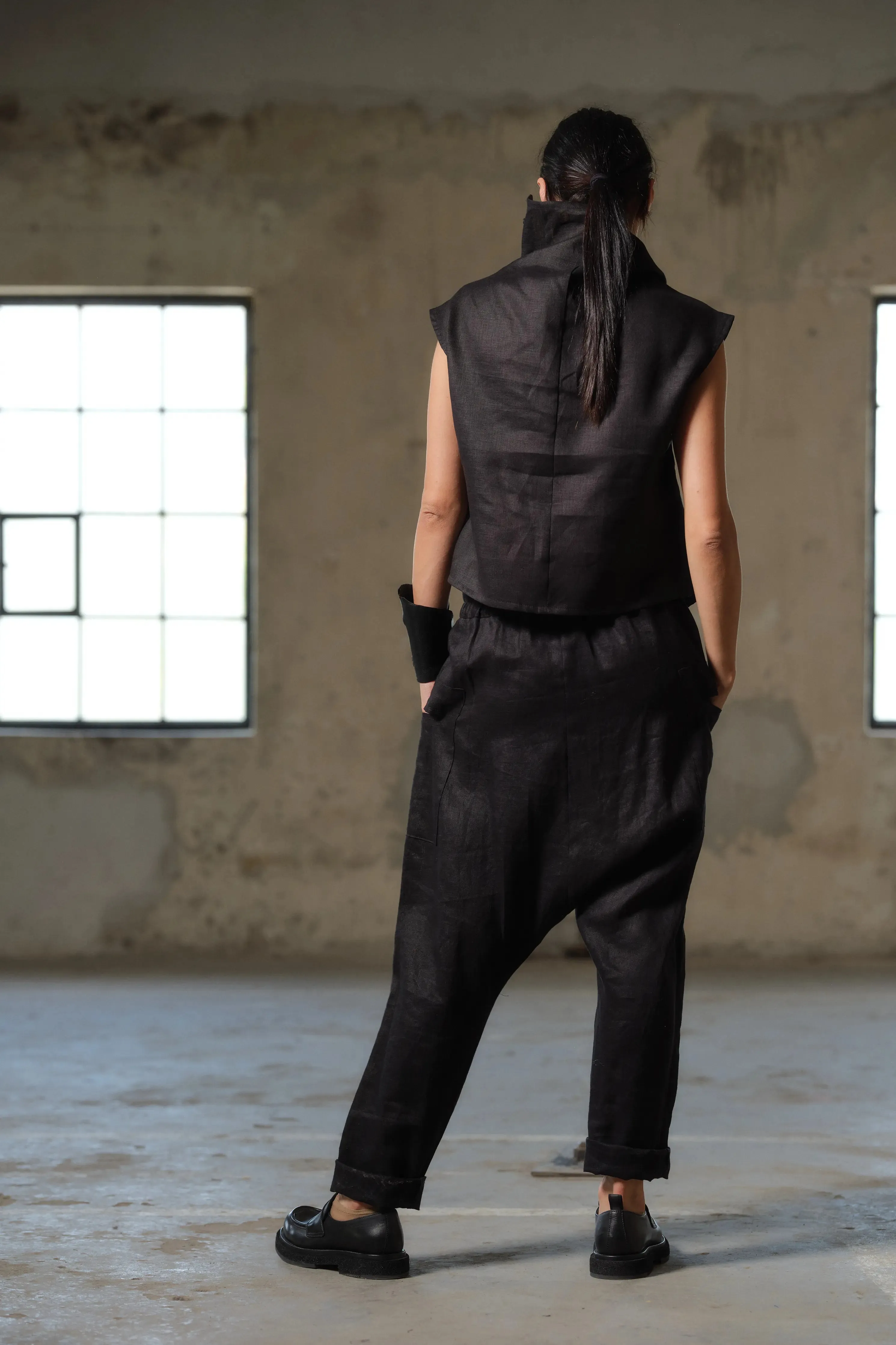 Unique Buttoned Low-Crotch Linen Pants Women - Embrace Avant-Garde Design