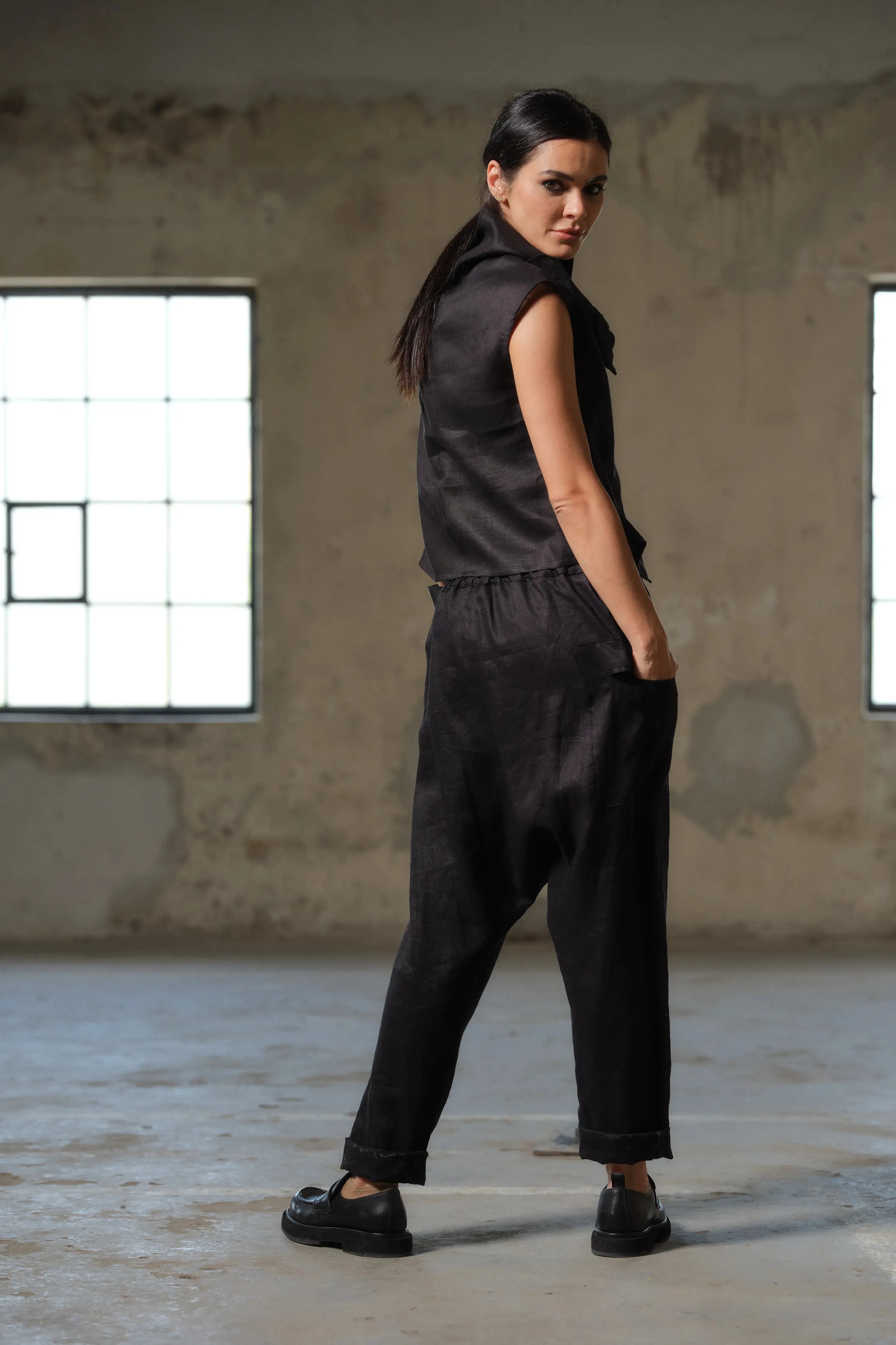 Unique Buttoned Low-Crotch Linen Pants Women - Embrace Avant-Garde Design