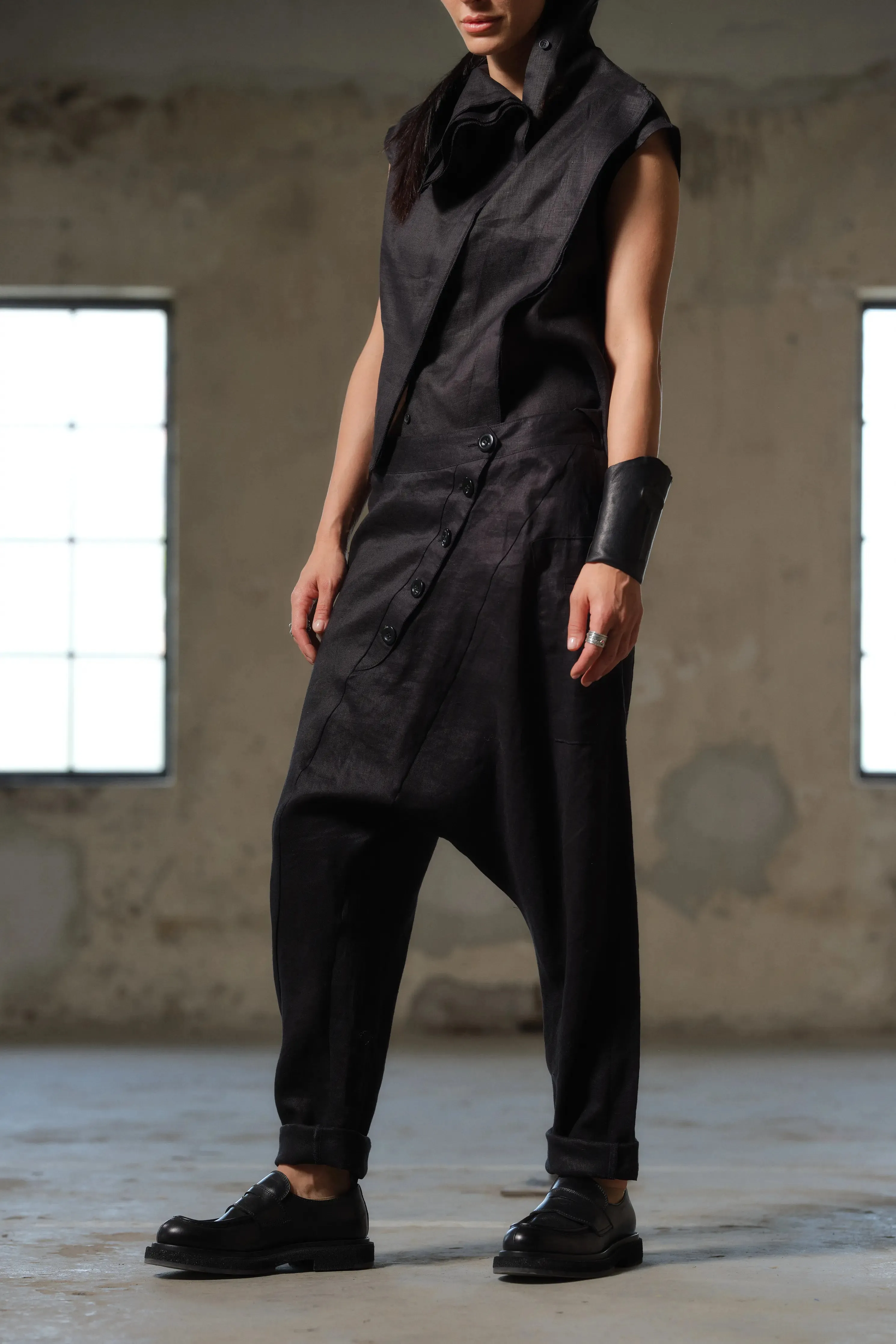 Unique Buttoned Low-Crotch Linen Pants Women - Embrace Avant-Garde Design