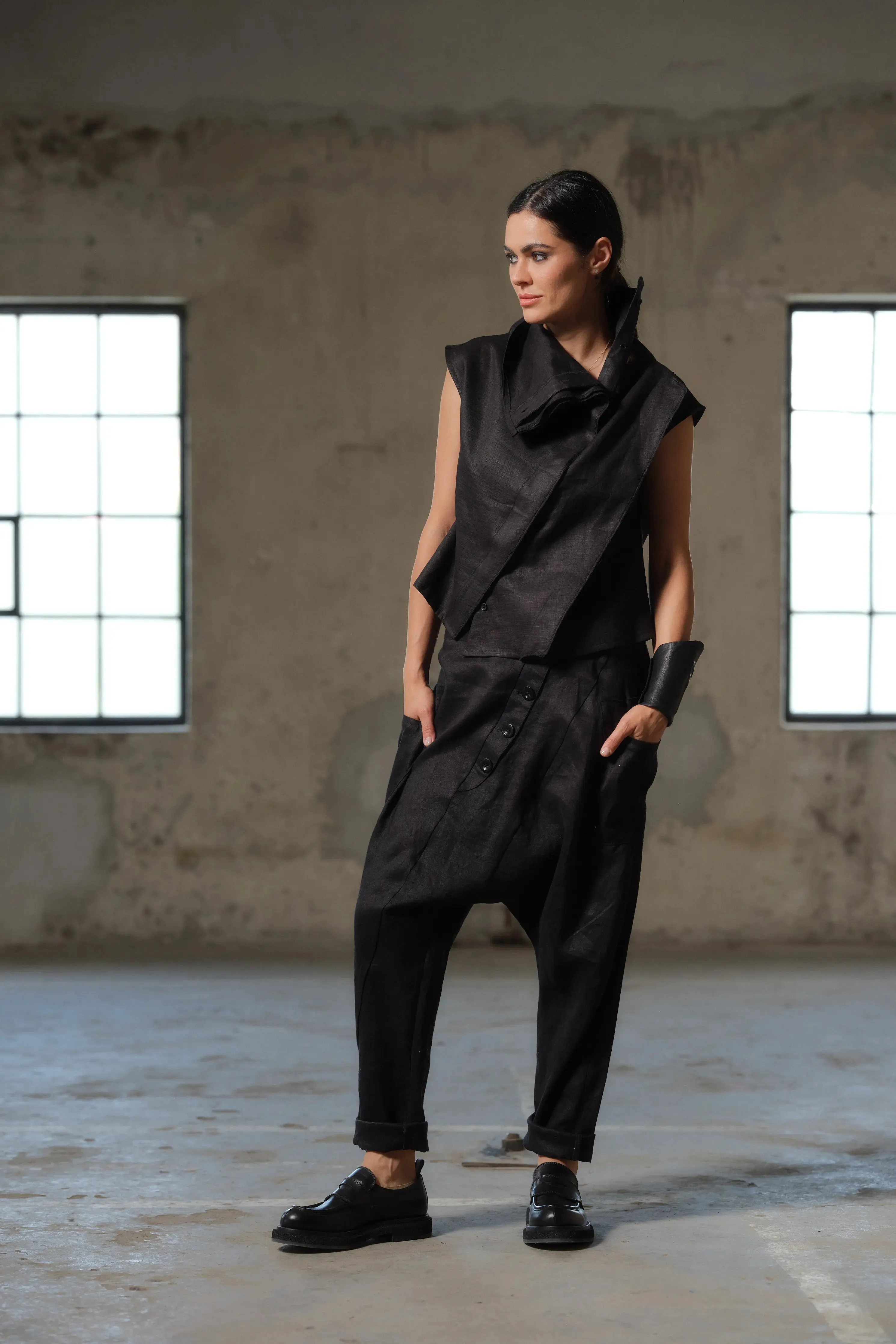 Unique Buttoned Low-Crotch Linen Pants Women - Embrace Avant-Garde Design