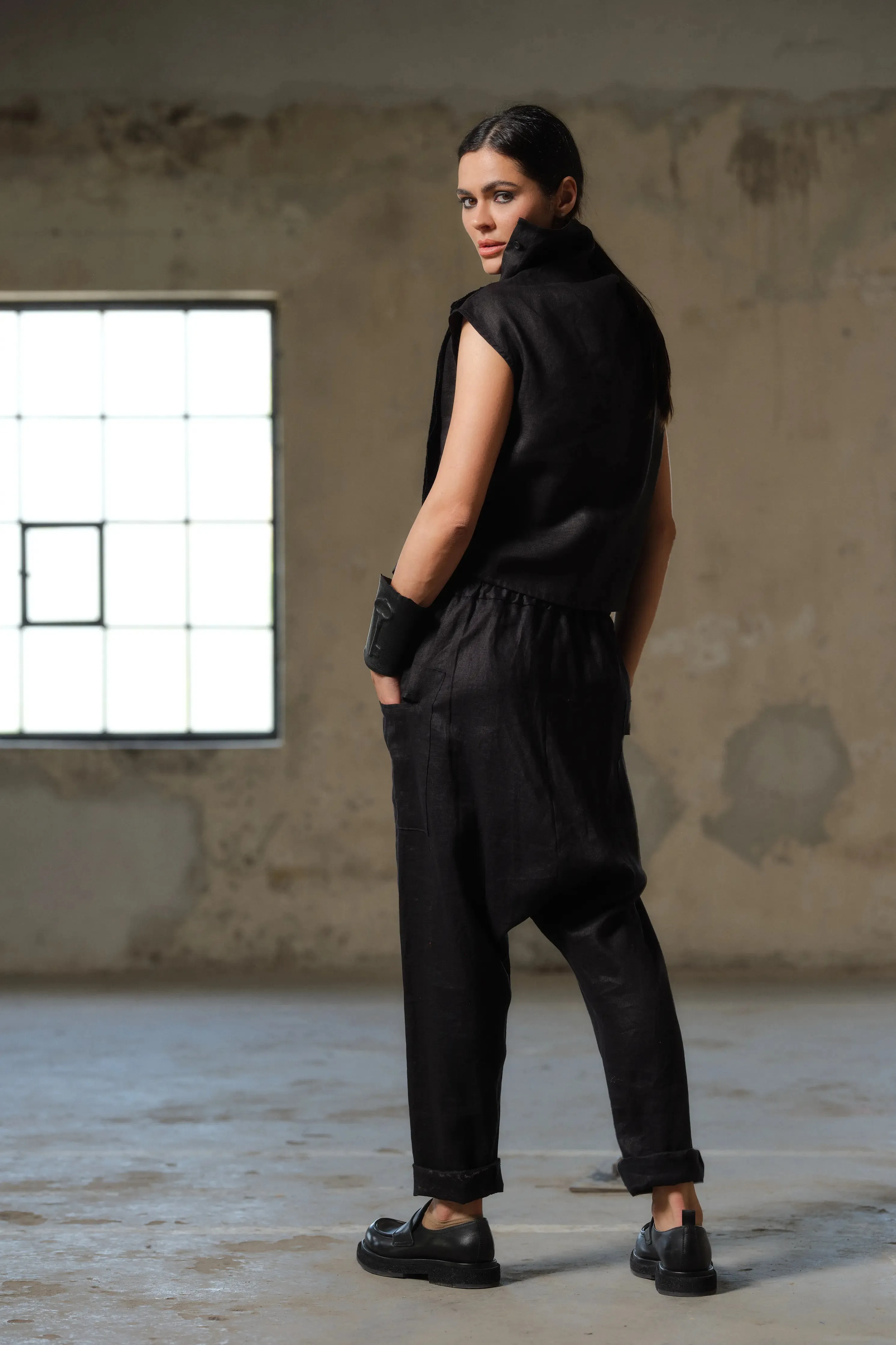 Unique Buttoned Low-Crotch Linen Pants Women - Embrace Avant-Garde Design