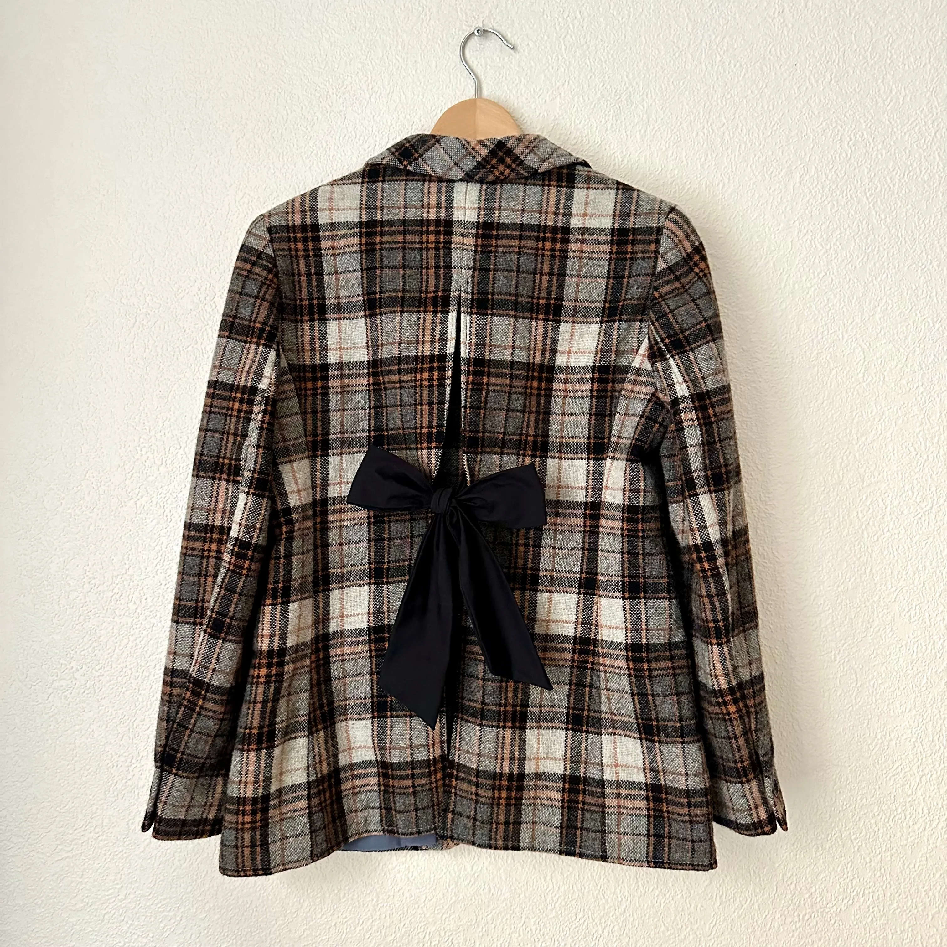Upcycled Bow Blazer Gray Plaid/Black, Pure Wool -size S-M