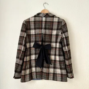 Upcycled Bow Blazer Gray Plaid/Black, Pure Wool -size S-M