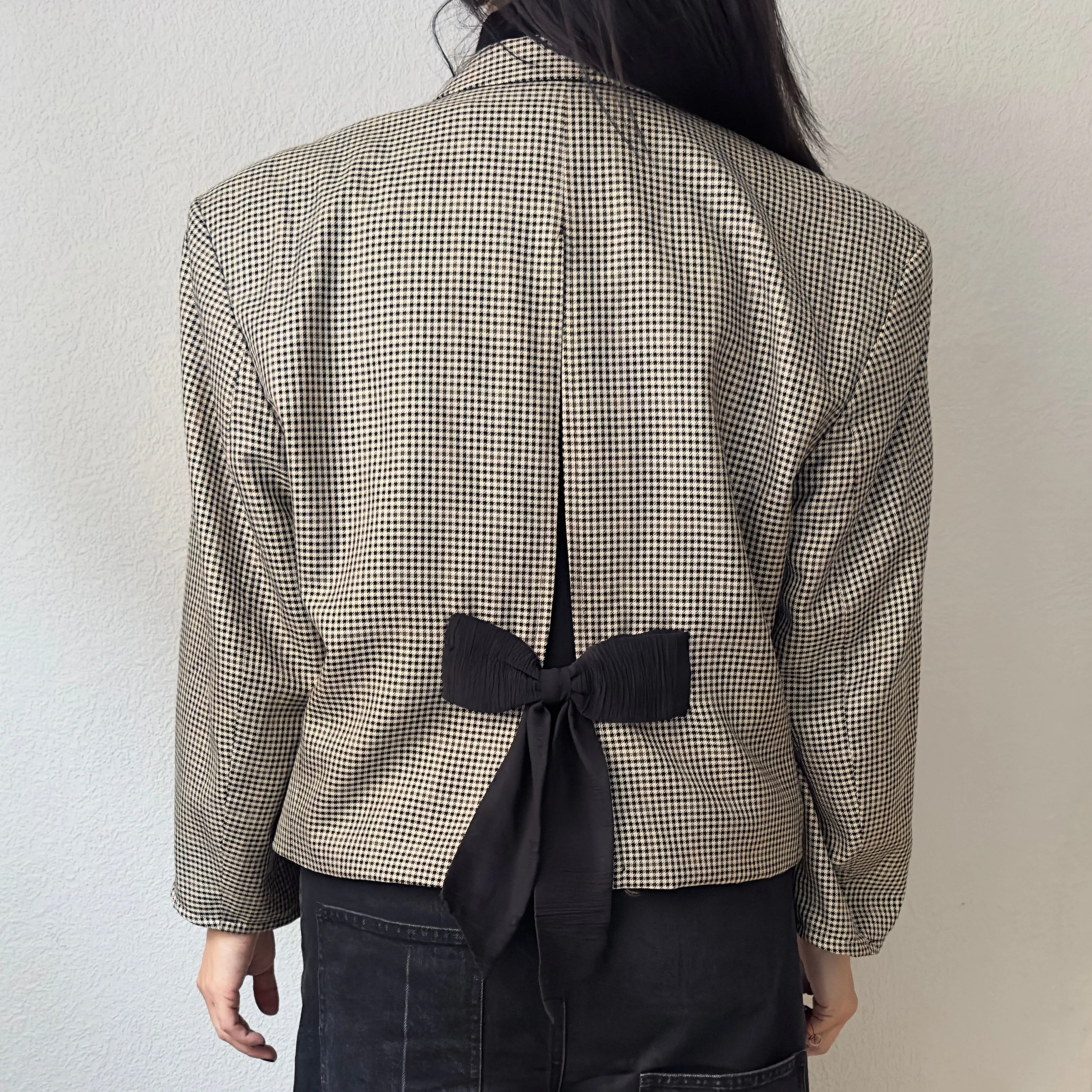 Upcycled Bow Blazer Houndstooth/Black, L, Silk and Wool