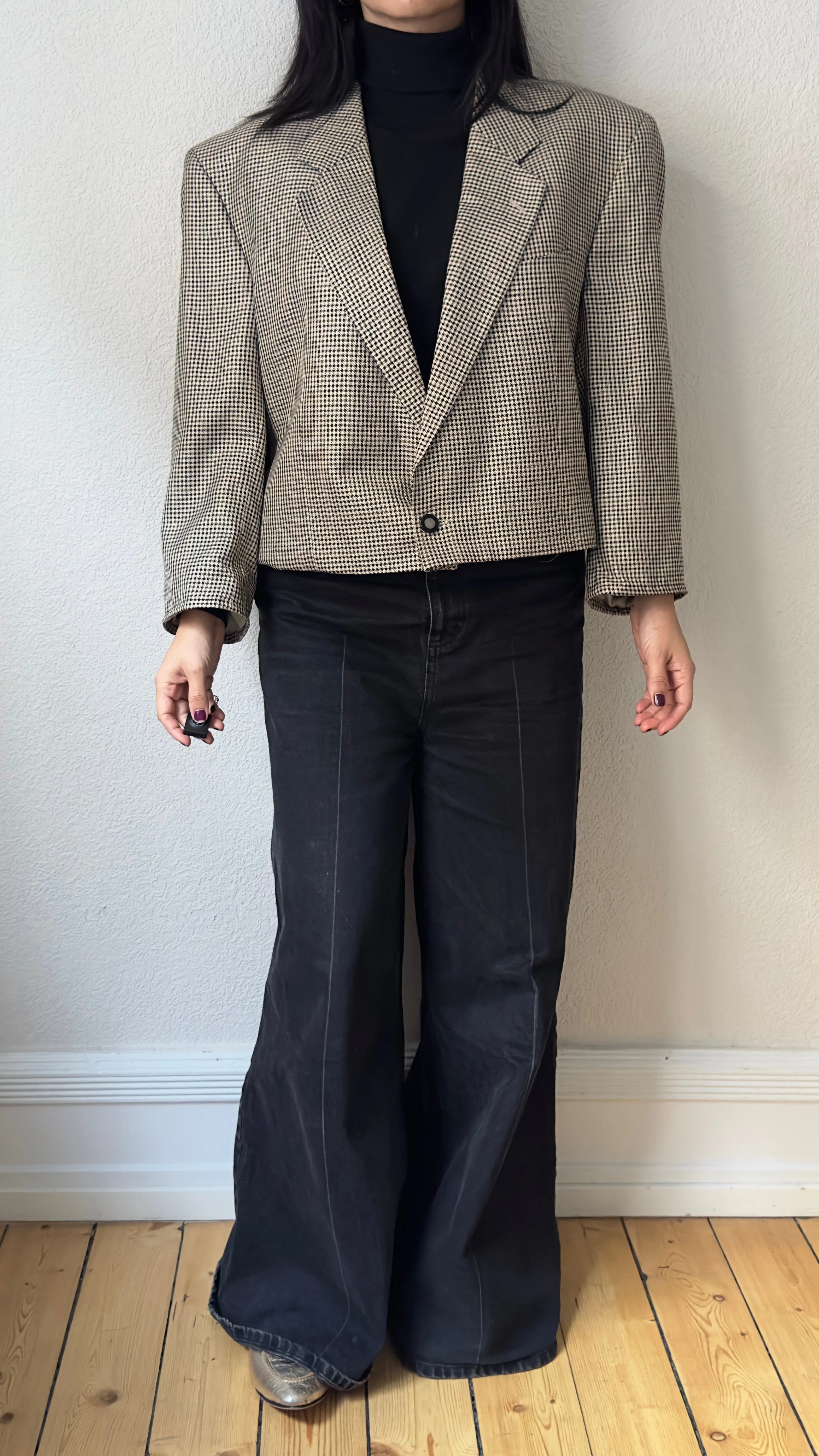 Upcycled Bow Blazer Houndstooth/Black, L, Silk and Wool