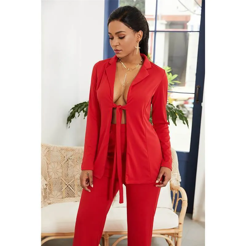 V-neck Blosue High Waist Pencil Pants Set