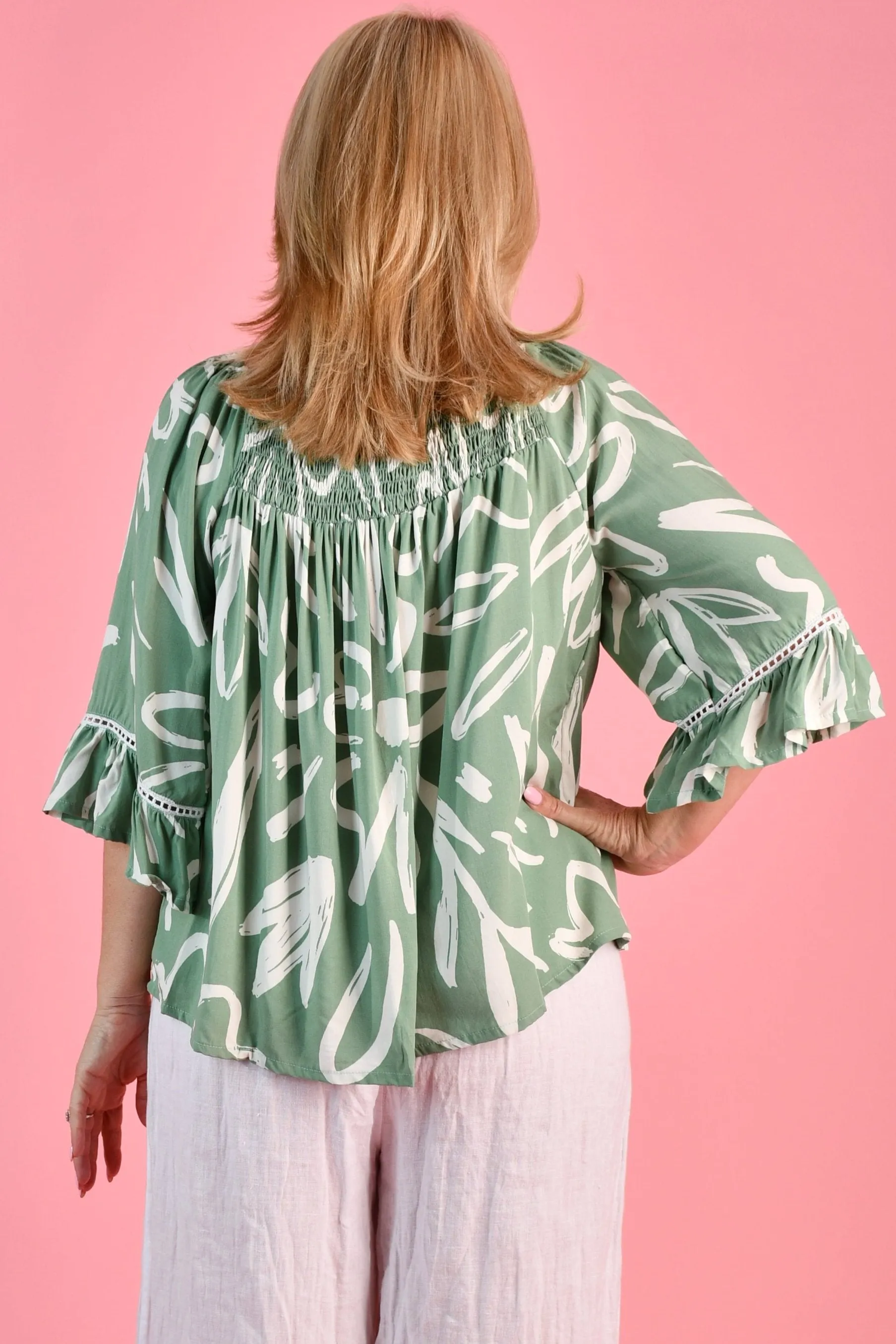 VBLT113 - ROUCHED BELL SLEEVE TOP - PICASSO'S GARDEN SAGE