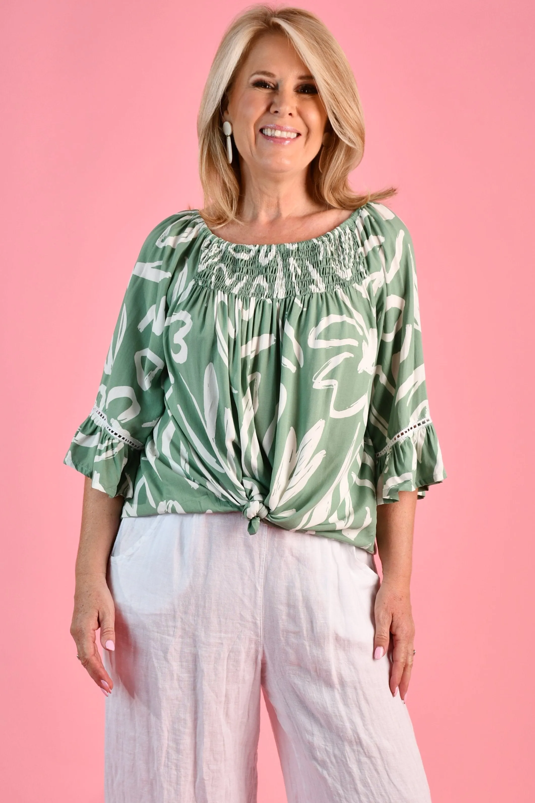 VBLT113 - ROUCHED BELL SLEEVE TOP - PICASSO'S GARDEN SAGE