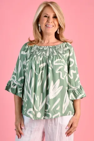 VBLT113 - ROUCHED BELL SLEEVE TOP - PICASSO'S GARDEN SAGE