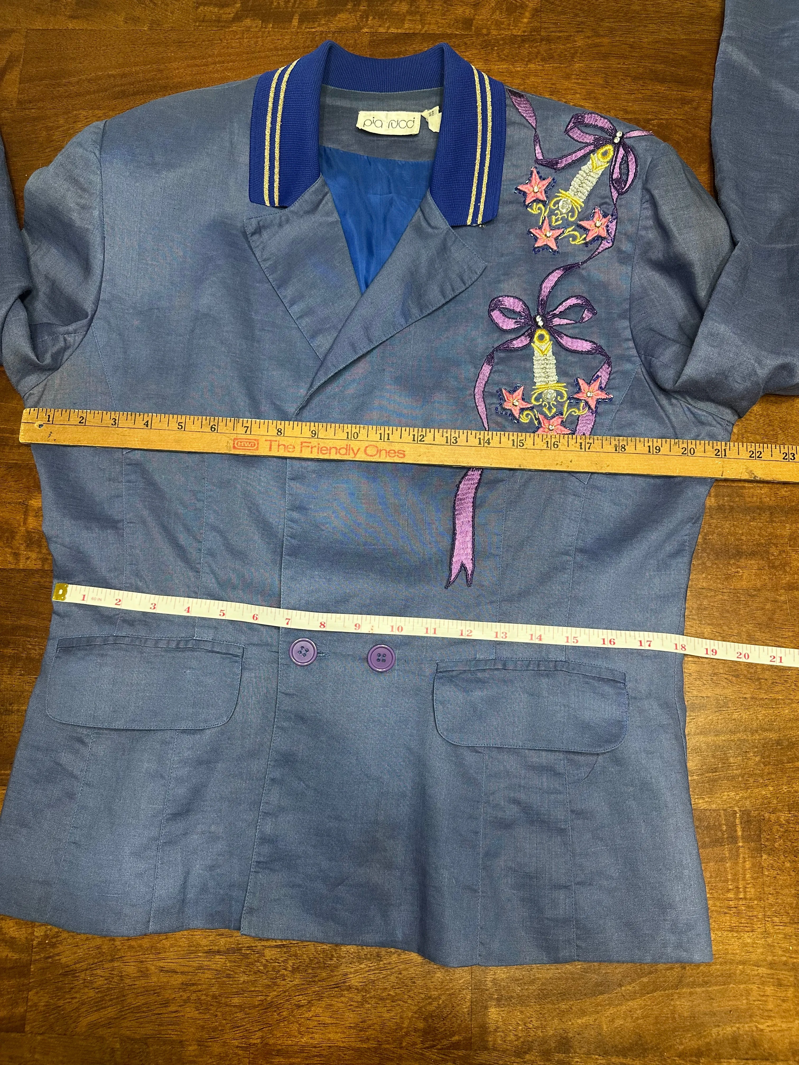 Vintage 80s Pia Rucci Periwinkle Embroidered Art Deco Blazer (14, ~S)