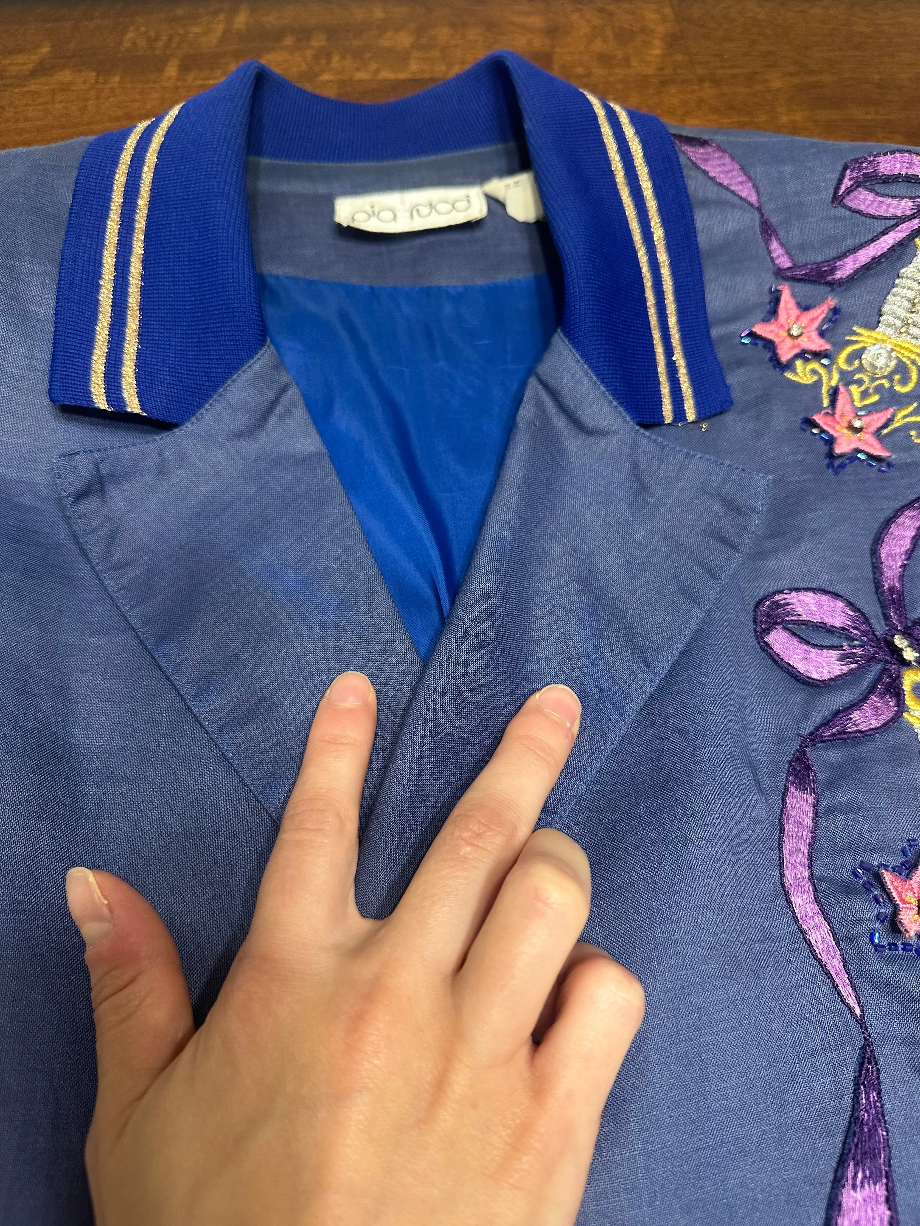 Vintage 80s Pia Rucci Periwinkle Embroidered Art Deco Blazer (14, ~S)