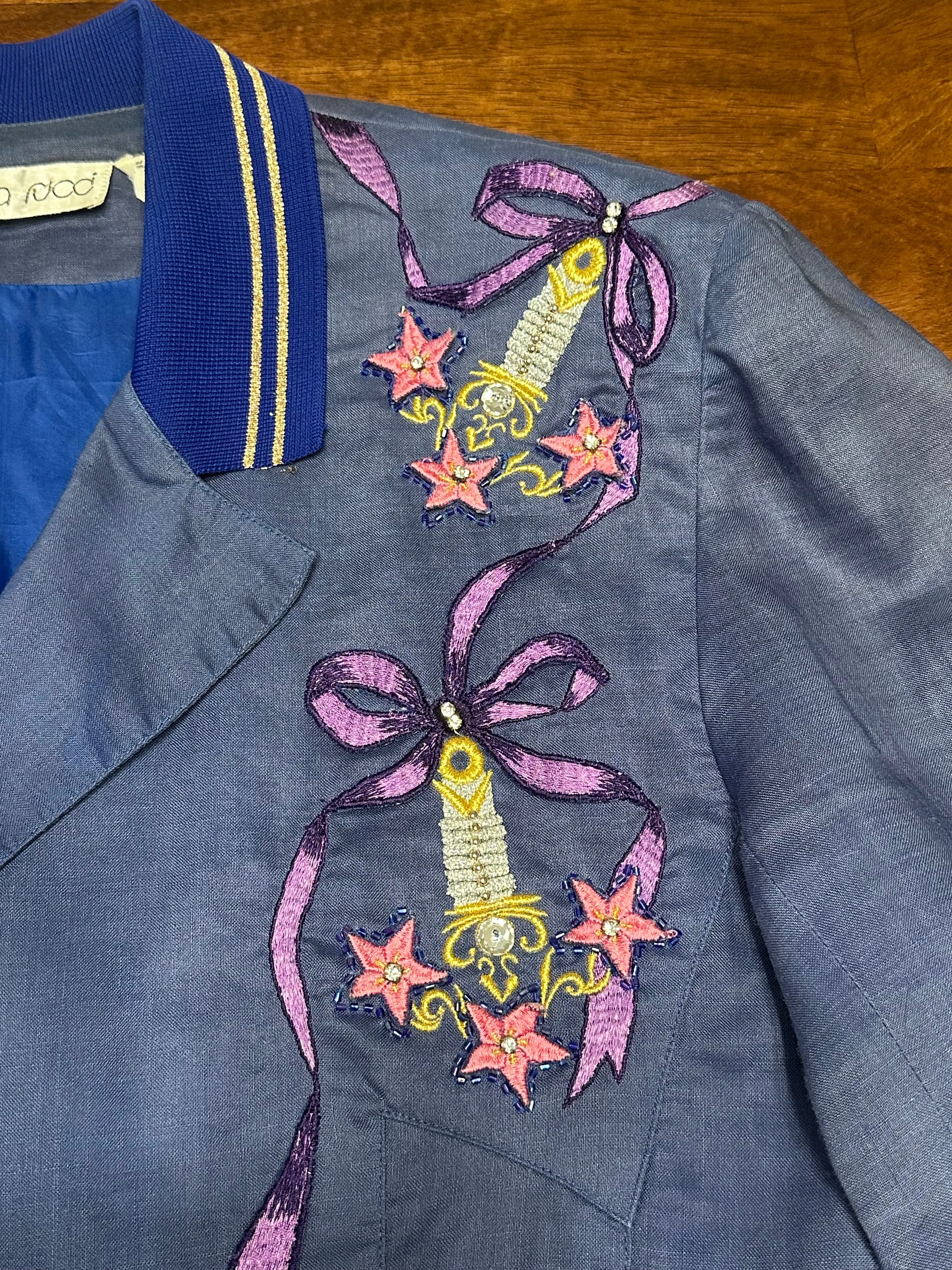 Vintage 80s Pia Rucci Periwinkle Embroidered Art Deco Blazer (14, ~S)