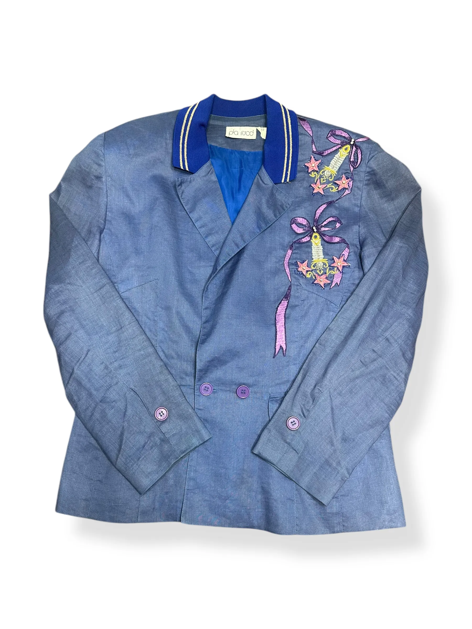 Vintage 80s Pia Rucci Periwinkle Embroidered Art Deco Blazer (14, ~S)