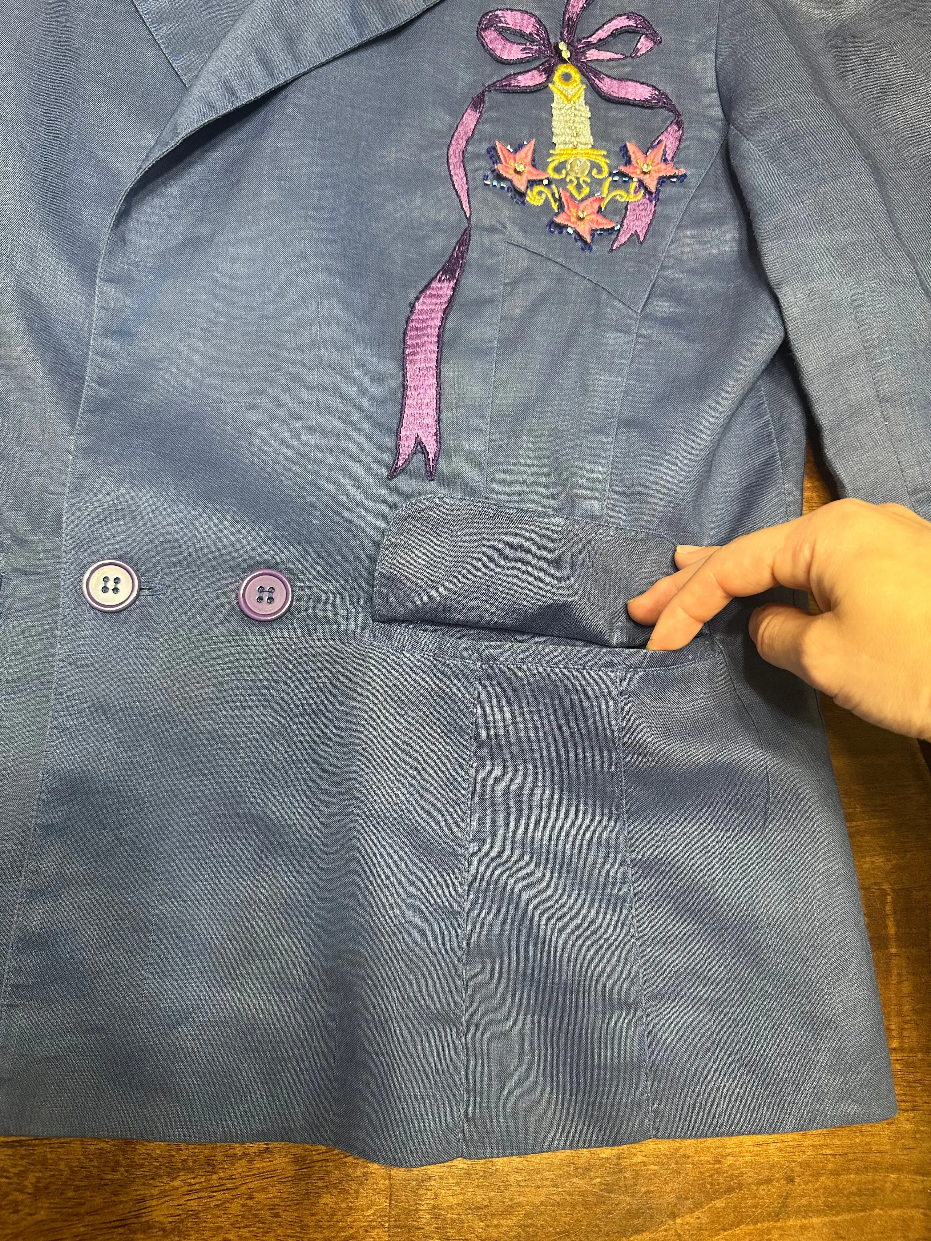 Vintage 80s Pia Rucci Periwinkle Embroidered Art Deco Blazer (14, ~S)