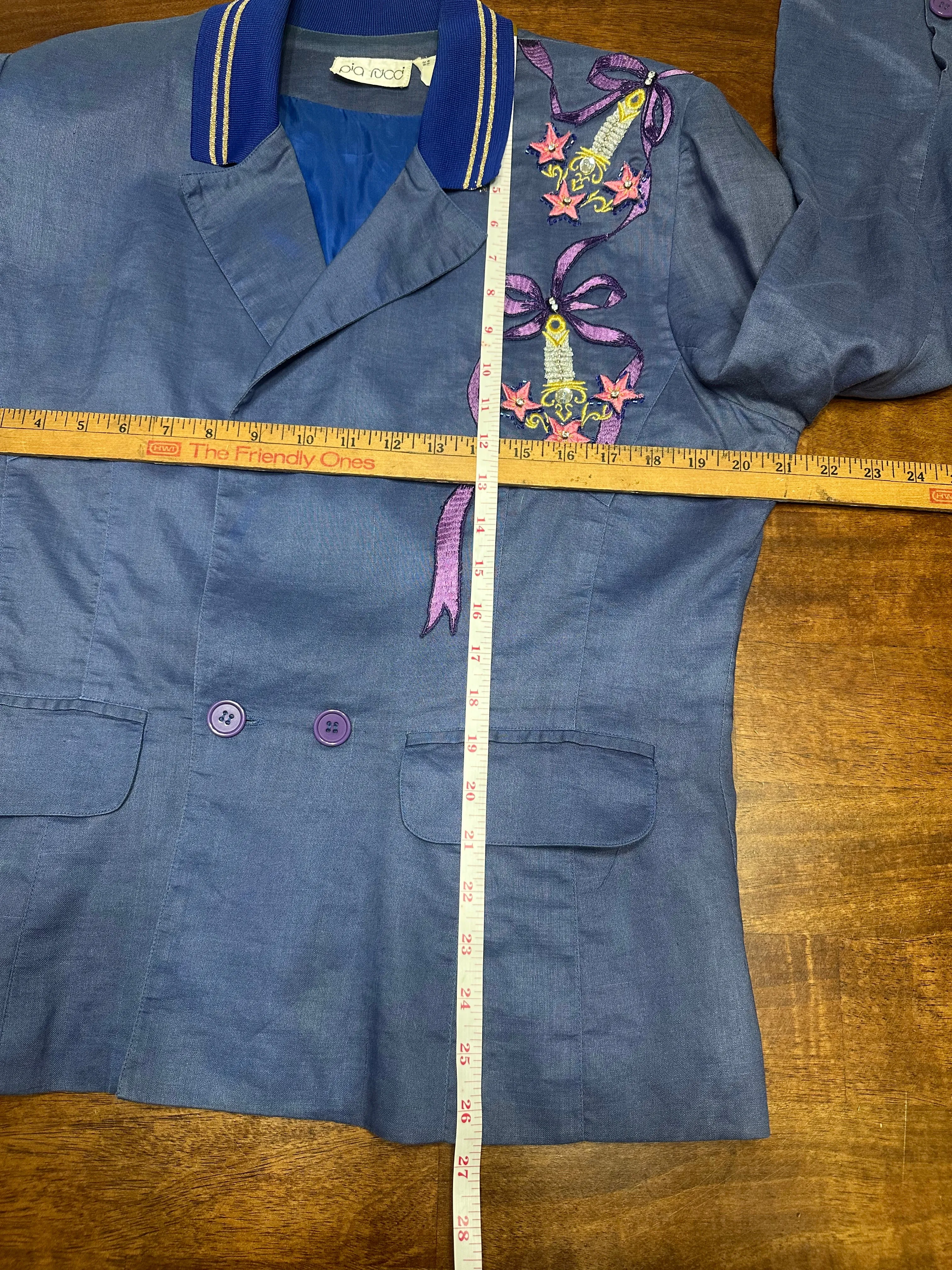 Vintage 80s Pia Rucci Periwinkle Embroidered Art Deco Blazer (14, ~S)