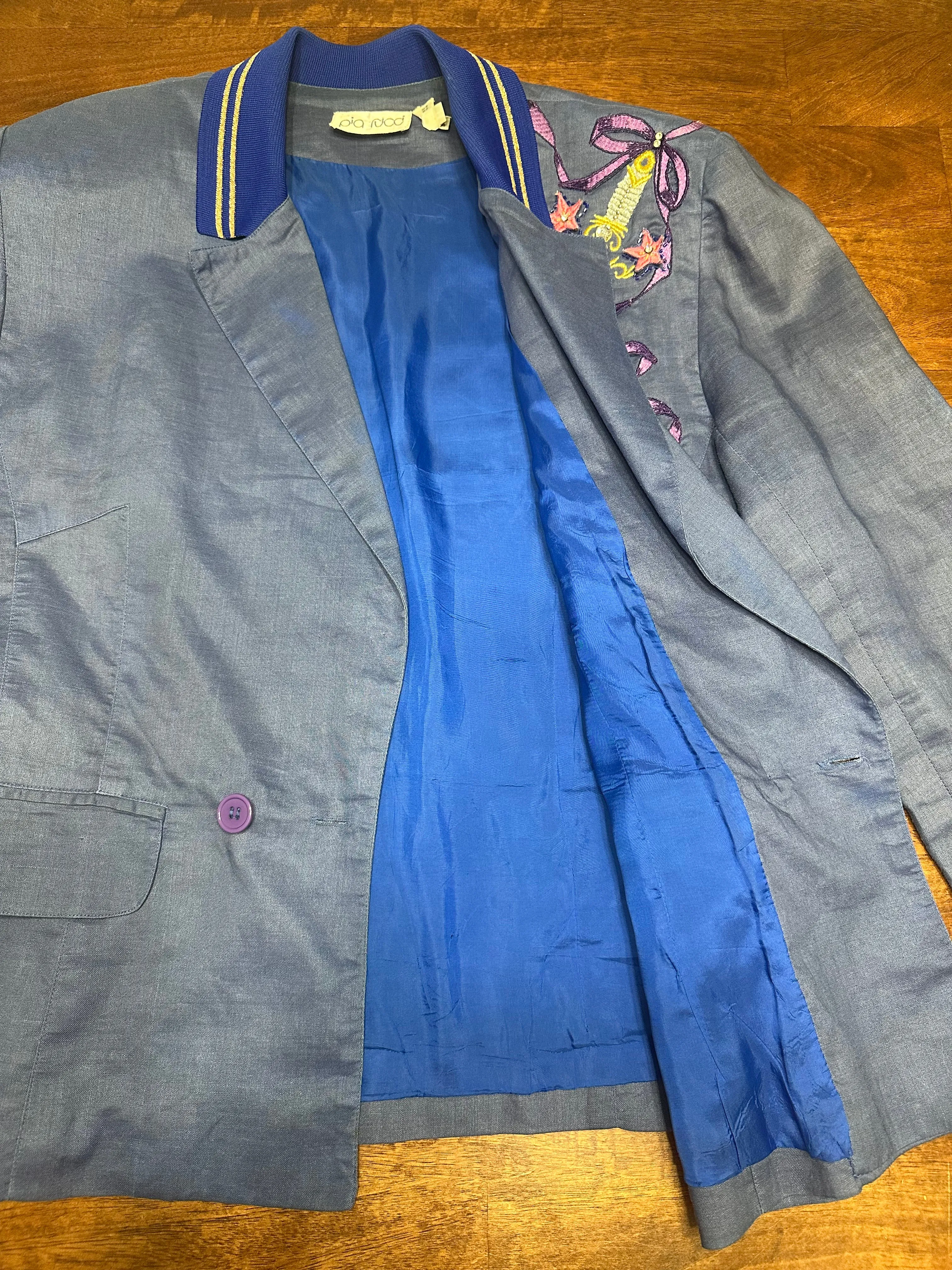 Vintage 80s Pia Rucci Periwinkle Embroidered Art Deco Blazer (14, ~S)