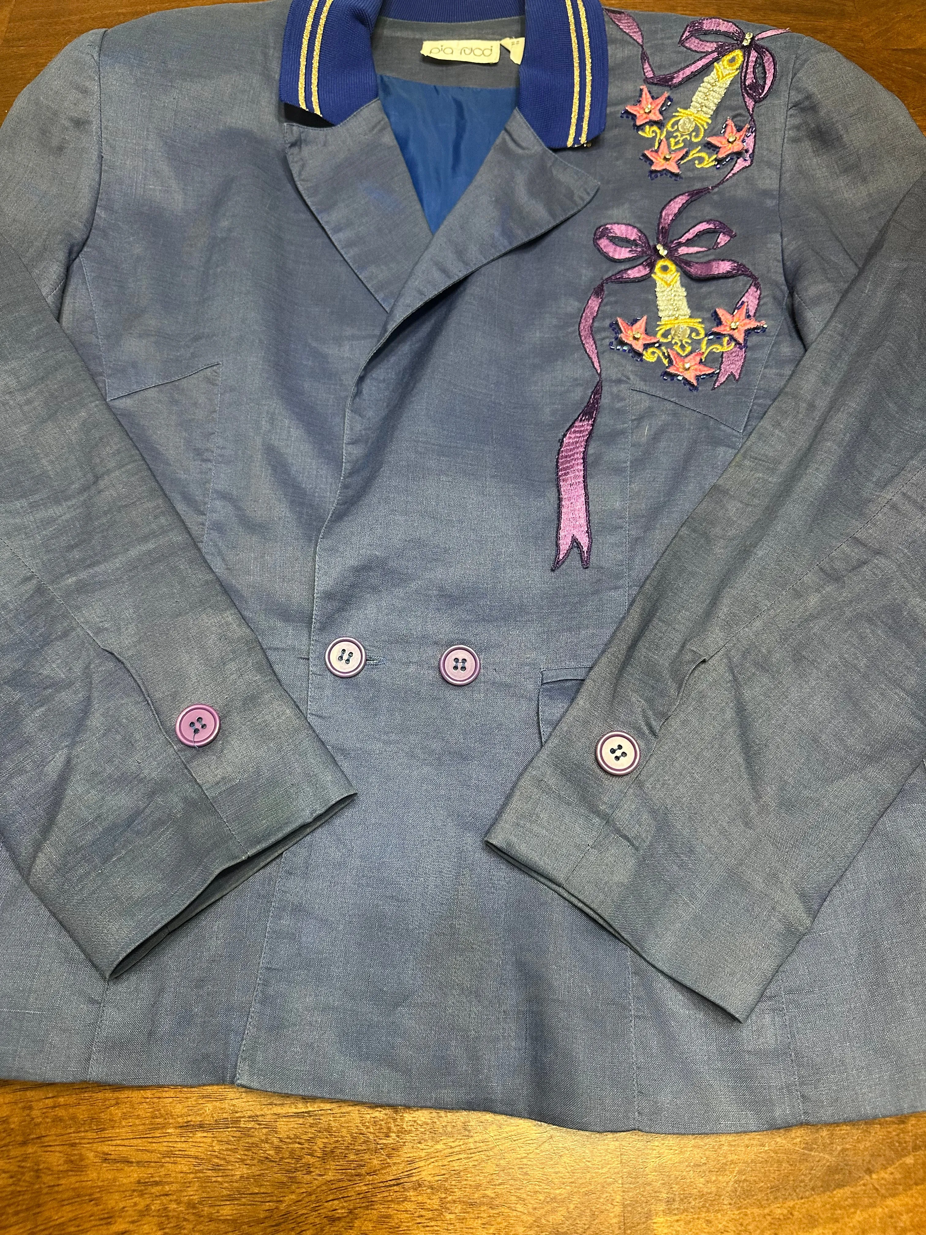 Vintage 80s Pia Rucci Periwinkle Embroidered Art Deco Blazer (14, ~S)