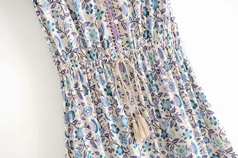 Vintage Chic  women floral print sleeveless beach bohemian midi