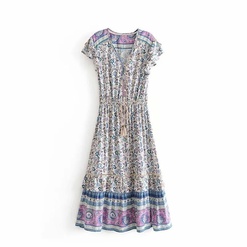 Vintage Chic  women floral print sleeveless beach bohemian midi