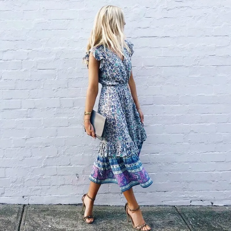 Vintage Chic  women floral print sleeveless beach bohemian midi