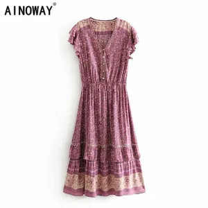 Vintage Chic  women floral print sleeveless beach bohemian midi