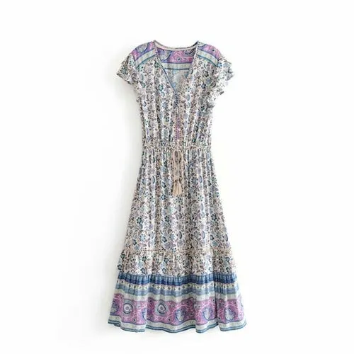 Vintage Chic  women floral print sleeveless beach bohemian midi