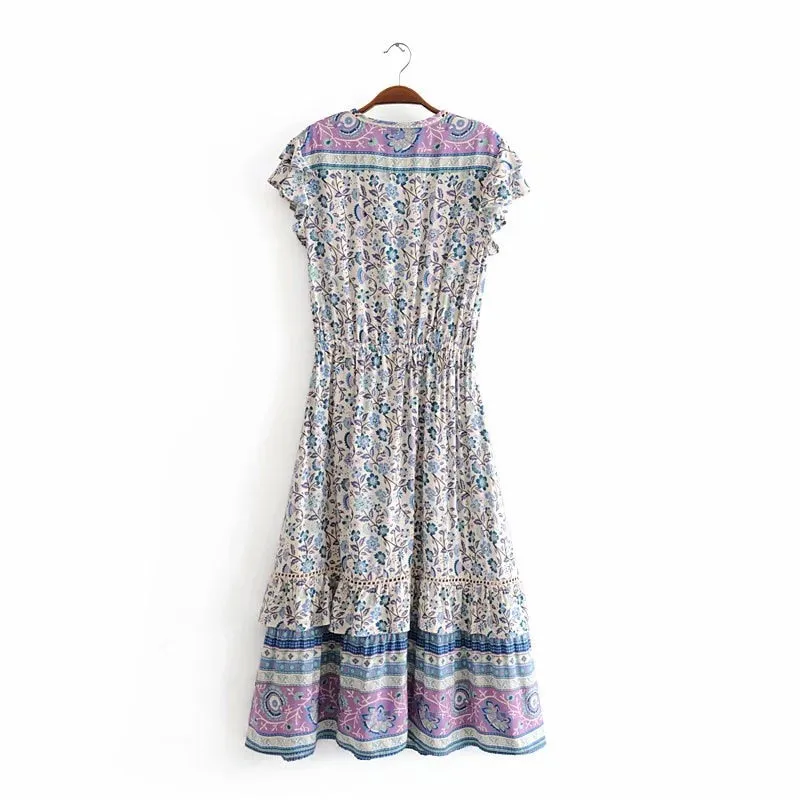 Vintage Chic  women floral print sleeveless beach bohemian midi
