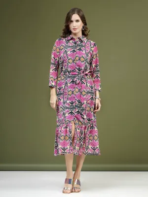 Violet Floral Printed Shirt Midi Dress