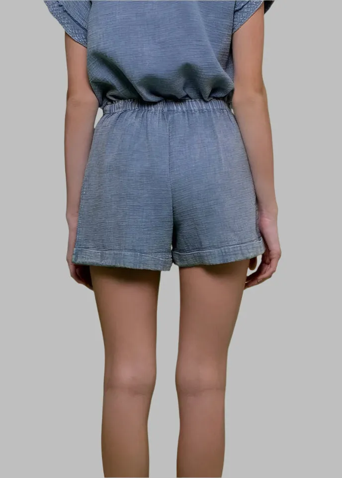 Washed Blue Drawstring Cotton Shorts