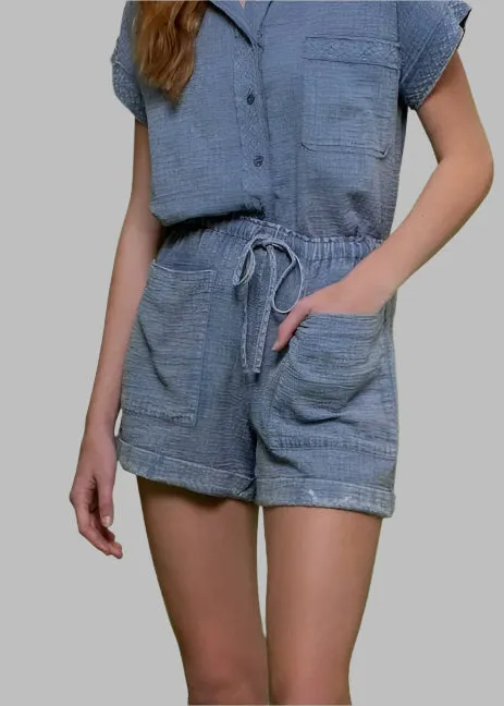 Washed Blue Drawstring Cotton Shorts