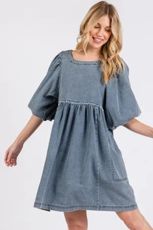Washed Puff Sleeve Denim Dress