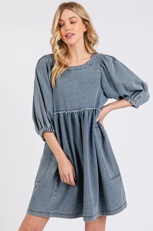 Washed Puff Sleeve Denim Dress